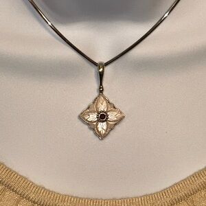 Sajen Sterling Silver, Carved Pink Mother of Pearl & Ruby Pendant